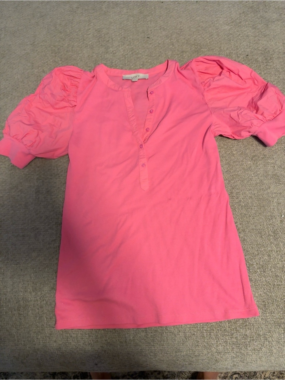 LOFT Pink Ribbed Puff Sleeve Henley Top | Balloon Sleeves | Size Small